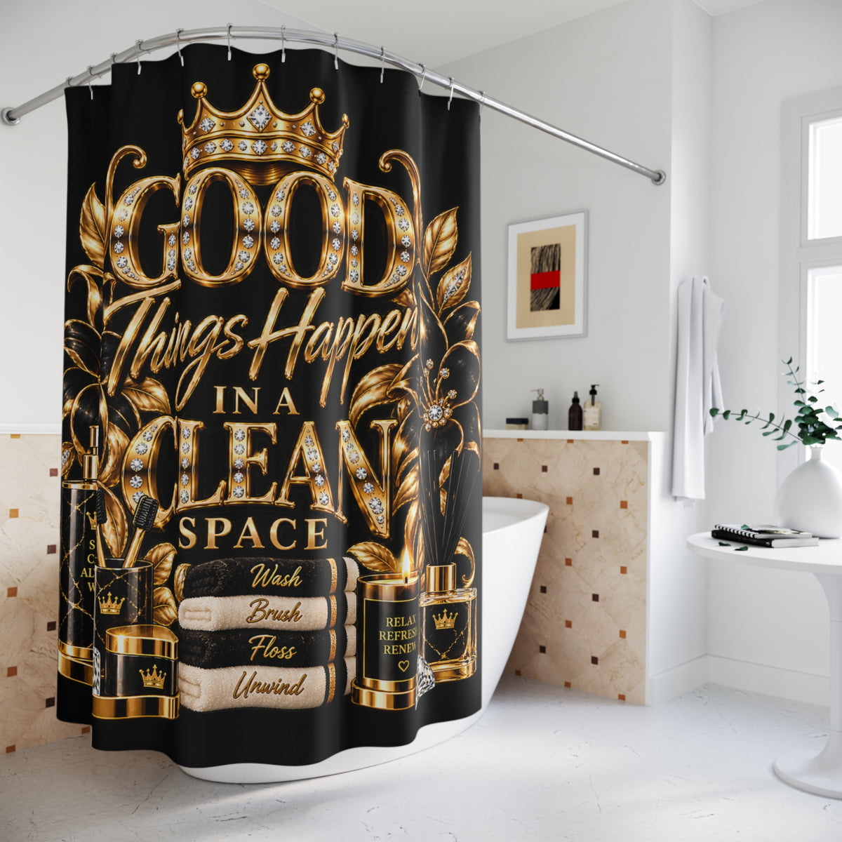 "Good Things Happen in a Clean Space" Gold Crown Bathroom Decor