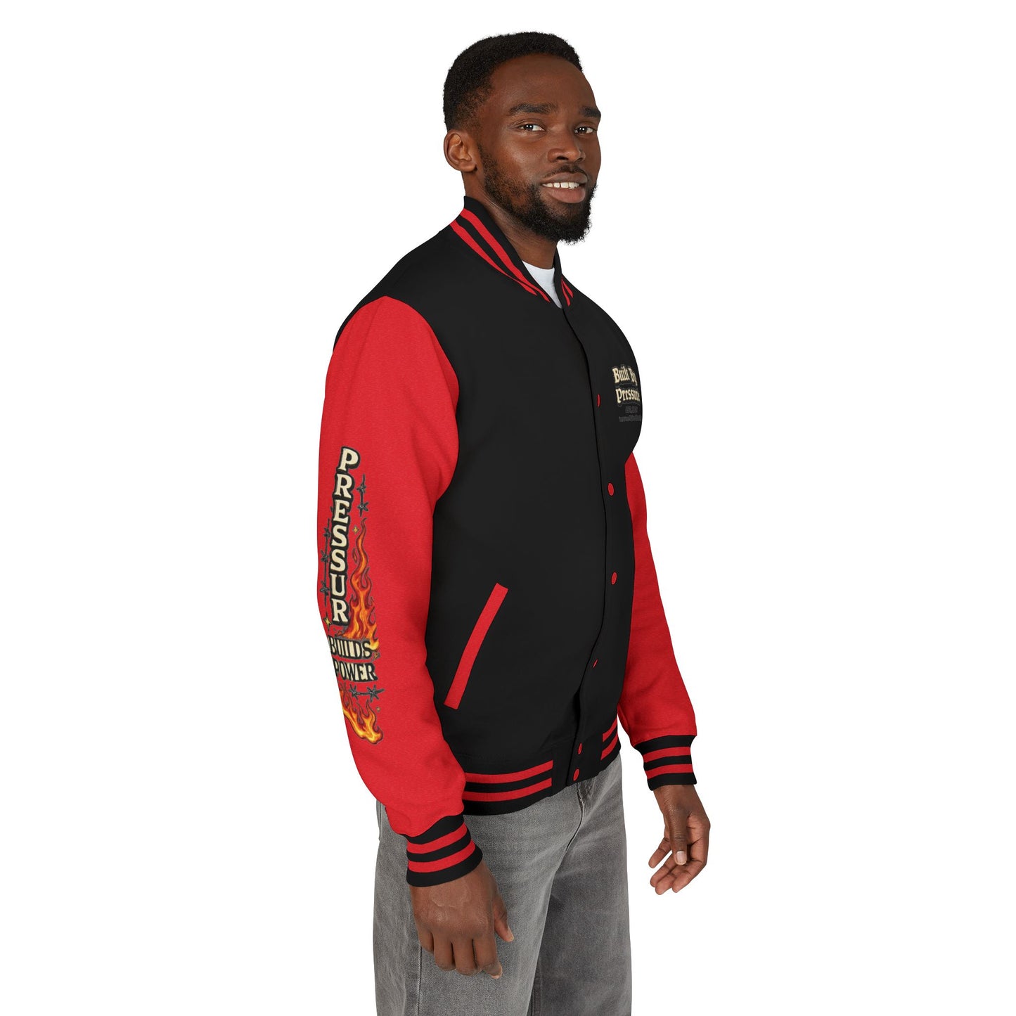 Built By Pressure Letterman Jacket — Flame Diamond Varsity Jacket