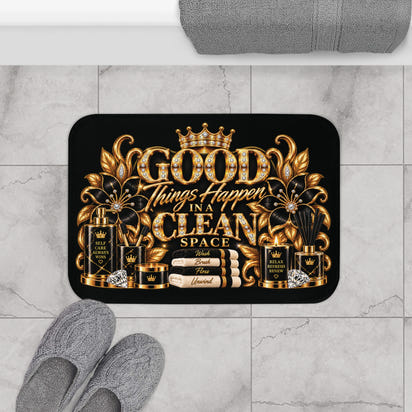 Good Things Happen in a Clean Space Bath Mat — Luxury Gold Bathroom Rug