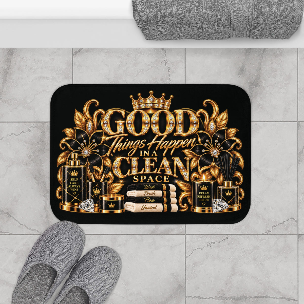Good Things Happen in a Clean Space Bath Mat — Luxury Gold Bathroom Rug