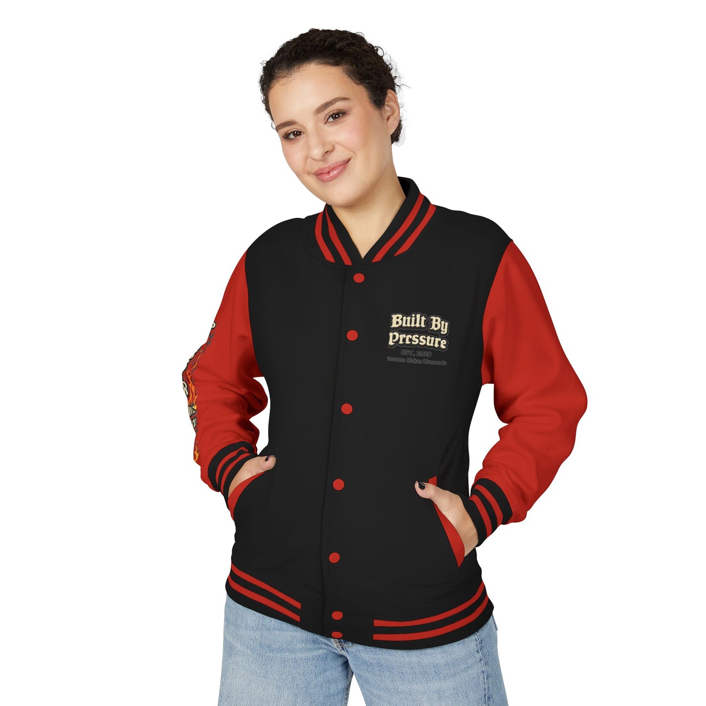 Built By Pressure Letterman Jacket — Flame Diamond Varsity Jacket