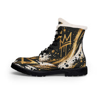 Built By Pressure Leather Boots — Graffiti Black & Gold Fur-Lined