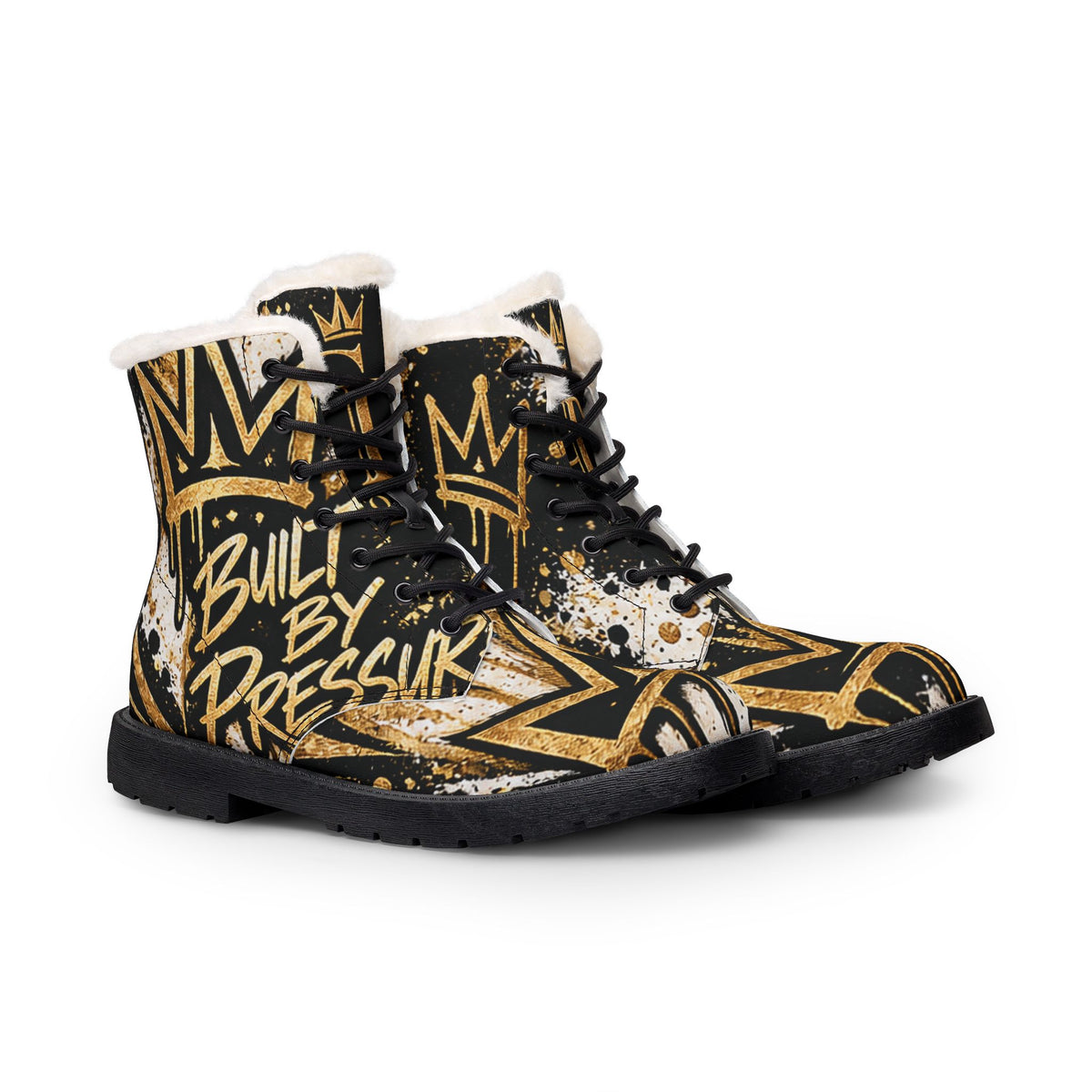Built By Pressure Leather Boots — Graffiti Black & Gold Fur-Lined