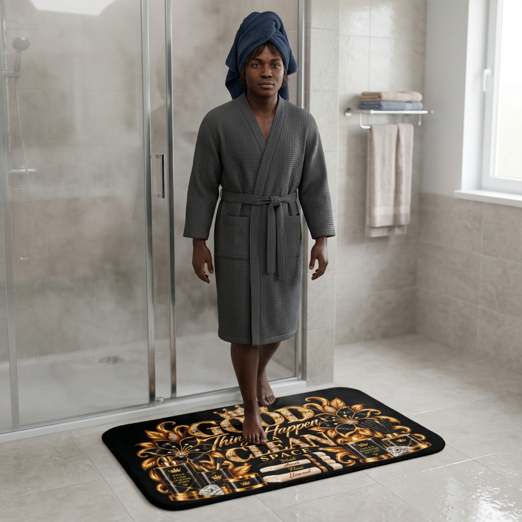 Good Things Happen in a Clean Space Bath Mat — Luxury Gold Bathroom Rug