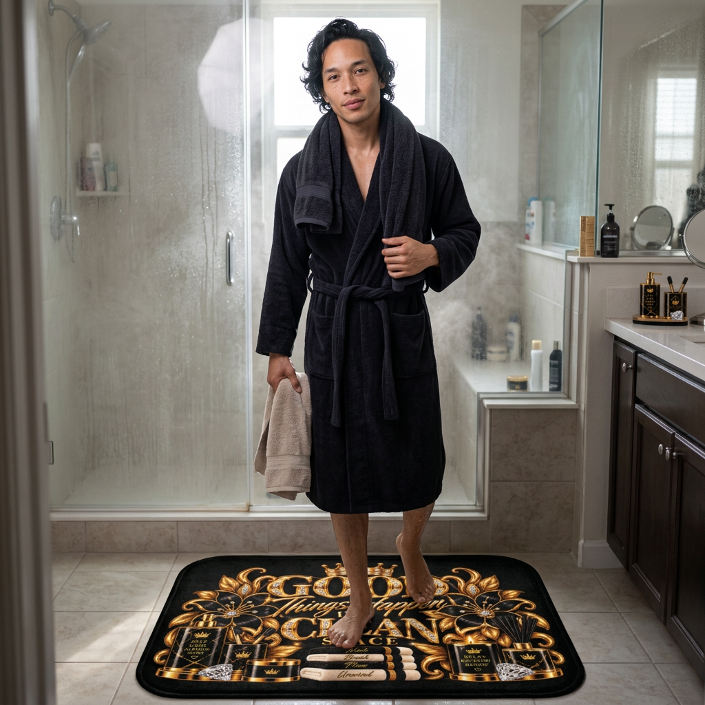 Good Things Happen in a Clean Space Bath Mat — Luxury Gold Bathroom Rug