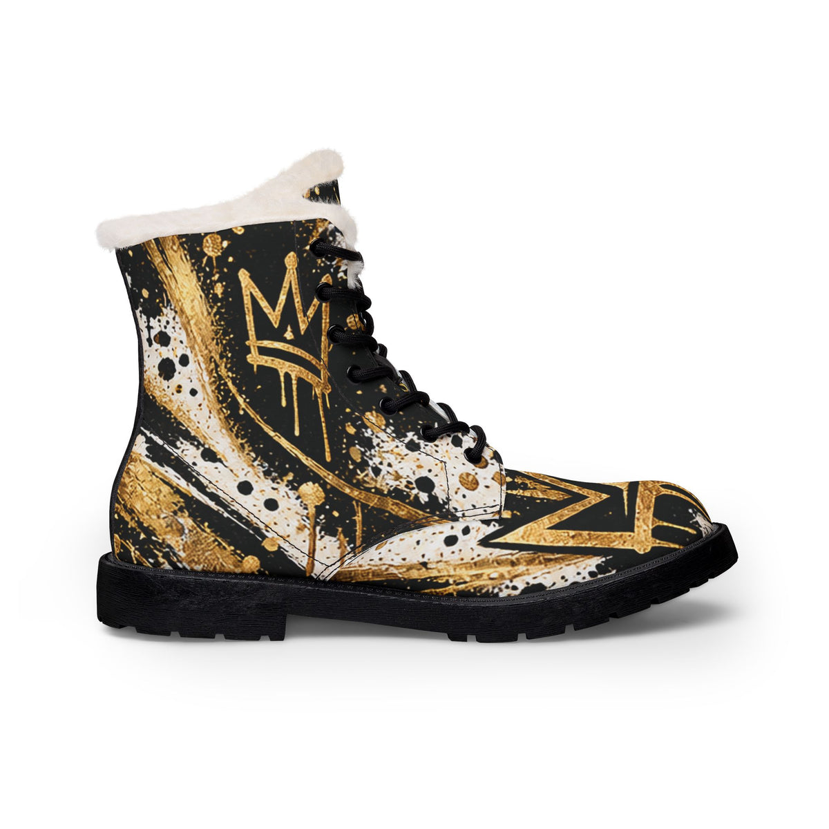 Built By Pressure Leather Boots — Graffiti Black & Gold Fur-Lined