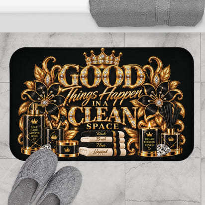 Good Things Happen in a Clean Space Bath Mat — Luxury Gold Bathroom Rug