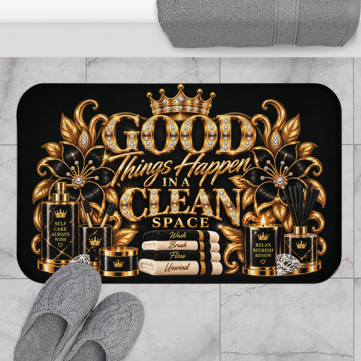 Good Things Happen in a Clean Space Bath Mat — Luxury Gold Bathroom Rug