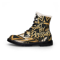 Built By Pressure Leather Boots — Graffiti Black & Gold Fur-Lined