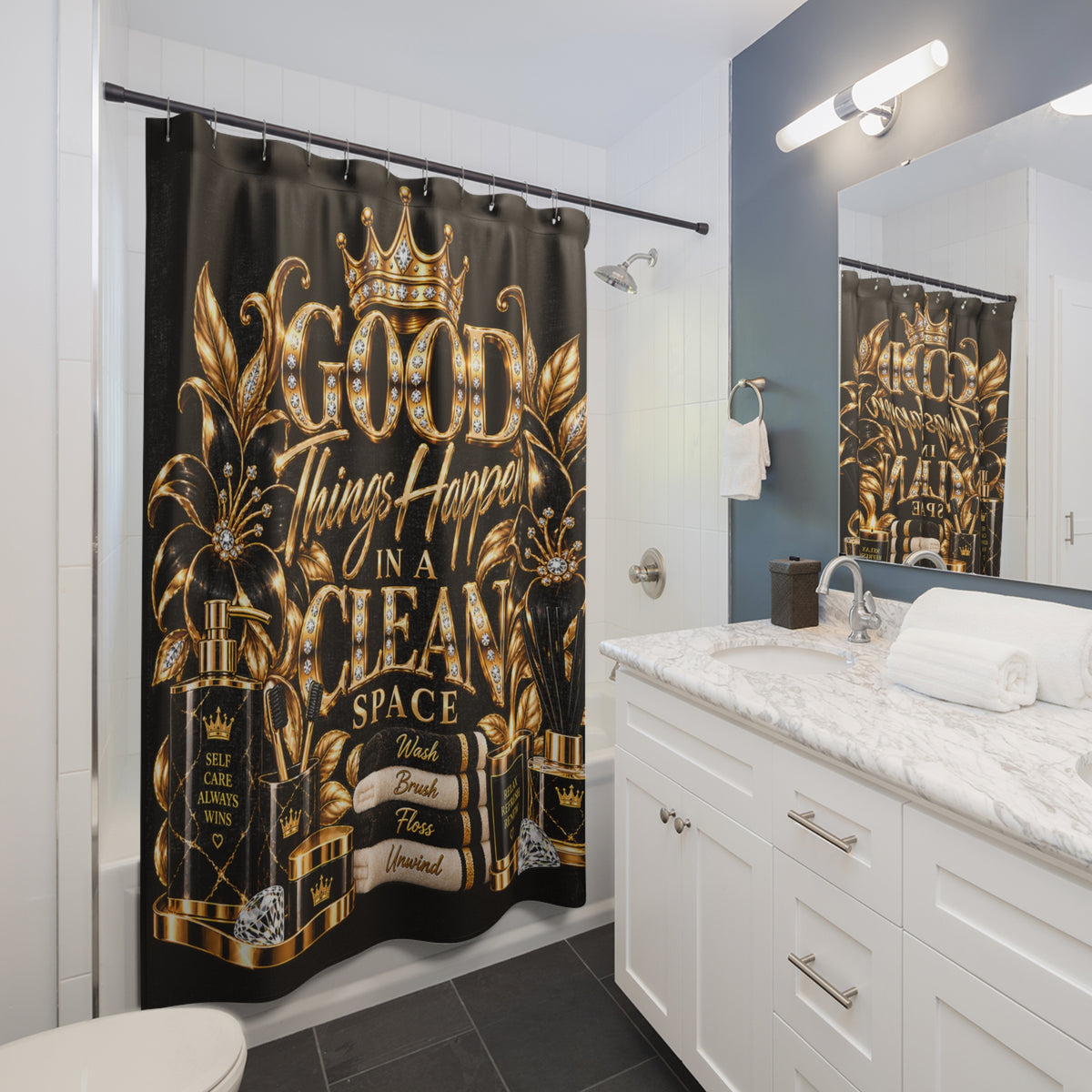 "Good Things Happen in a Clean Space" Gold Crown Bathroom Decor