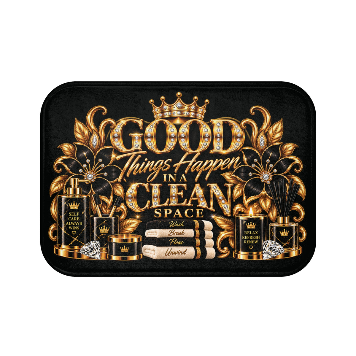 Good Things Happen in a Clean Space Bath Mat — Luxury Gold Bathroom Rug