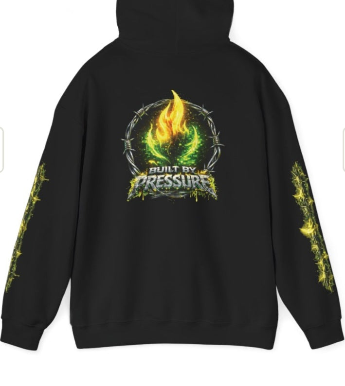 Pressure Flame Hoodie — "Built By Pressure" Graphic Pullover